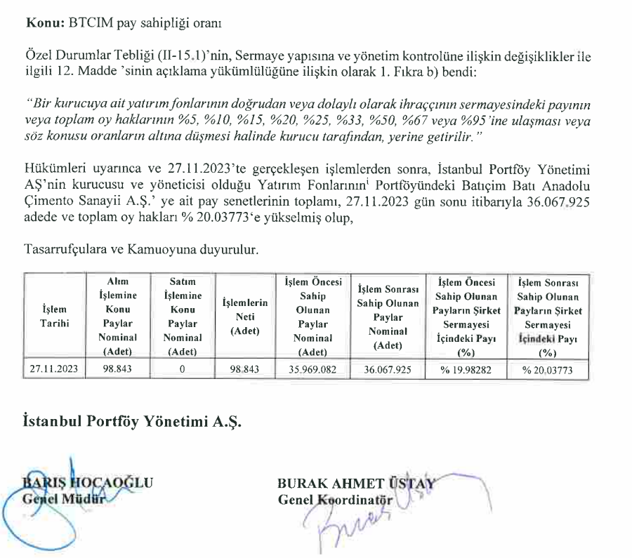 İstanbul Portföy'den Batı Çim (BTCIM) hisse alış açıklaması! HABERLER, Gündemdekiler, Şirket Haberleri Rota Borsa